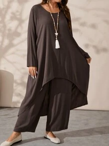 Rusticease Plus Size Women's Fall Solid Color Round Neck Long Sleeve Asymmetric Hem Top And Wide Leg Pants Loose 2-Piece Set Two Piece Set Elegant - Brown - View 3