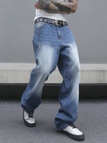 Manfinity Homme Vaqueros holgados de corte recto con bolsillos, casuales para hombre