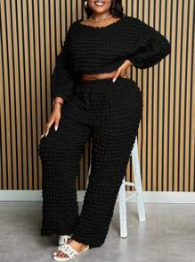 Slaydiva Women Plus Size Casual Fall Black Textured Fabric Dolman Sleeve Top & Pants, Fall Two Pieces Outfit