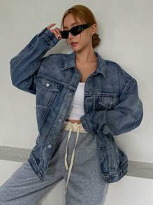 DAZY Áo khoác denim đơn giản có nút cổ gập phía trước có túi dài tay cho nữ, trang phục thường ngày - Rửa trung bình - Xem 8