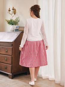 2pcs/Set Teen Girls Elegant Long Sleeve Lace Top & Plaid Skirt, Spring/Autumn - Multicolor - View 2