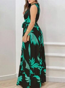 Chiquease 女士休闲植物印花无袖连衣裙，适合度假时穿，长款女士服装 - 黑色 - 查看 2