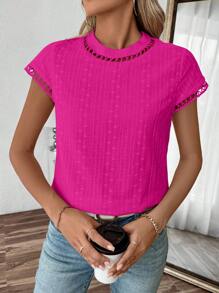 Breezaya Women's Summer Solid Color Hollow Round Neck Cap Sleeve Blouse - Hot Pink - View 5
