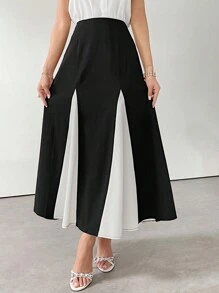 Modelyn Women's Elegant Colorblock Patchwork Long Skirt, Spring & Summer Perfect For Business/Work/Cocktail Party/Wedding/Daily/Graduation Women Skirts - Black and White - View 5