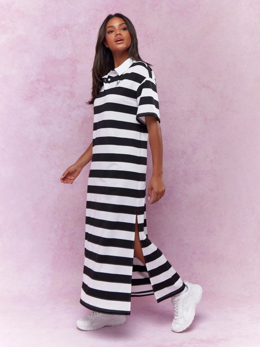 MISSGUIDED Embroidered Logo Collar Stripes Short Sleeves Polo Shirt Maxi  DressMISSGUIDED