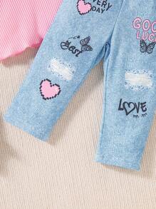 2 件套女婴高领长袖上衣和裤子套装，2024 年新款秋季舒适时尚可爱街头服饰 - 粉色 - 查看 5