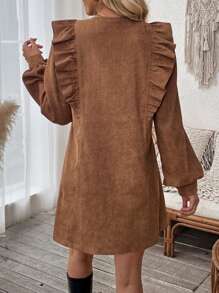 SHEIN Clasi Vestido informal con botones al frente con volantes de pana de unicolor, primavera y otoño - Caqui - Ver 2