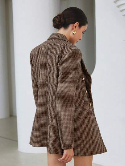 Aveloria Modichic Chaqueta blazer con solapa, manga larga, estampado de cuadros y doble botonadura, estilo empresarial