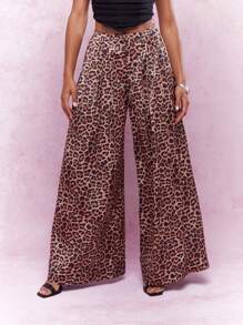 MISSGUIDED Leopard Print Pleated Wide Leg Pants - Multicolor - View 1