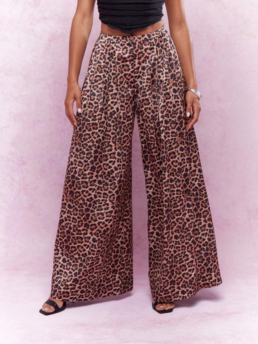 MISSGUIDED Leopard Print Pleated Wide Leg Pants - Multicolor - View 1