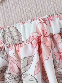 Conjunto de ropa para bebé niña recién nacida que incluye: body de manga larga con cuello redondo y decoración de volantes + vestido body con estampado floral y cintura elástica, con accesorio para el cabello - Multicolor - Ver 3