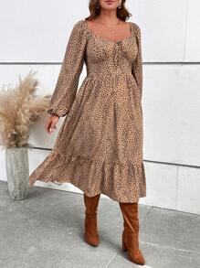 SHEIN VCAY Đầm tay đèn lồng họa tiết báo kỳ nghỉ cỡ lớn mùa thu - Nhiều màu - Xem 3