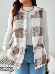 SHEIN LUNE Plus Size Autumn/Winter Casual Sleeveless Double-Sided Plaid Vest Winter Women Fall Vest - Multicolor - View 3