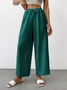 SHEIN PETITE Quần nữ thường ngày màu trơn Petite Cottnline Knot - Màu xanh lá cây đậm - Xem 1