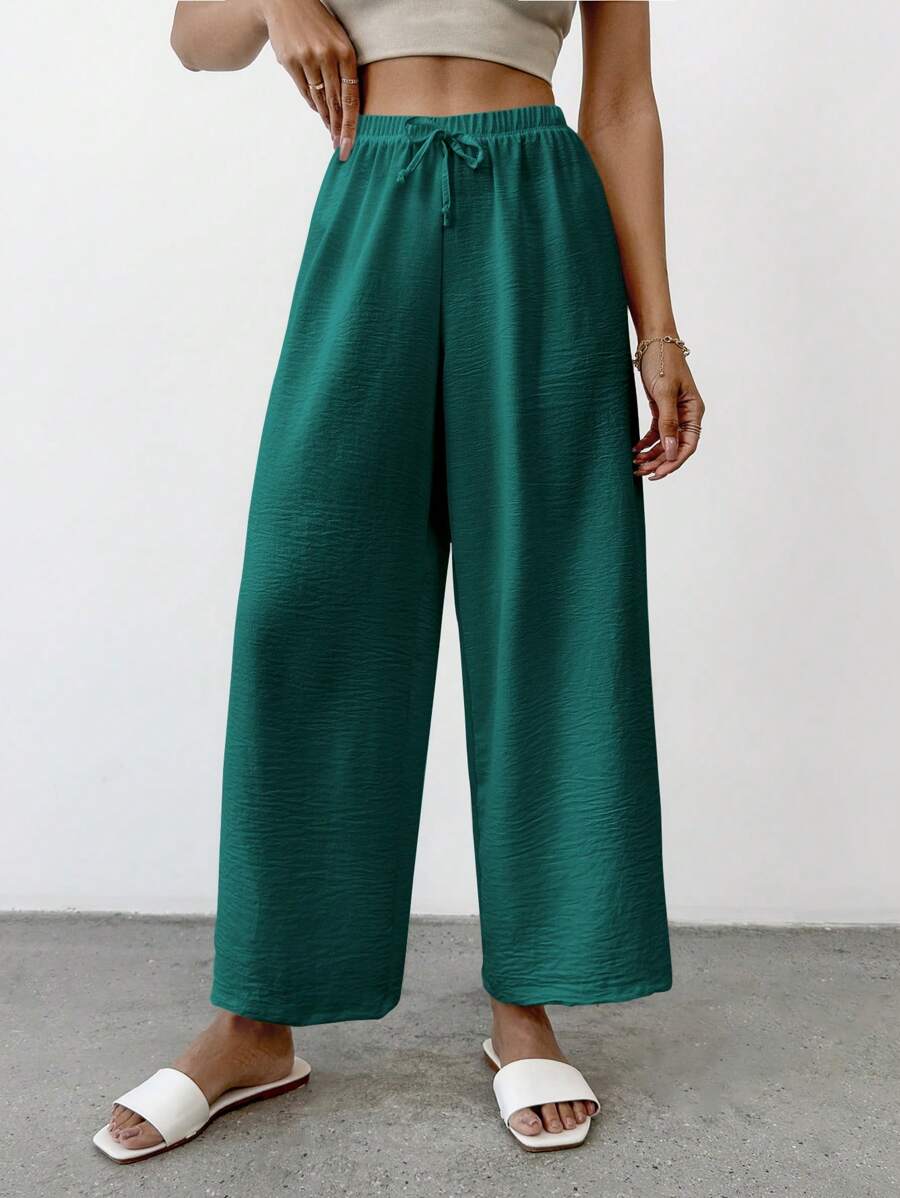 SHEIN PETITE Quần nữ thường ngày màu trơn Petite Cottnline Knot - Màu xanh lá cây đậm - Xem 1