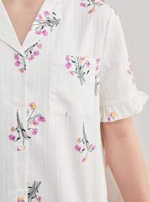 SHEIN Tween Girl 荷叶边 V 领口袋短袖上衣和休闲裤 2 件套家居服套装 - 西瓜粉 - 查看 6