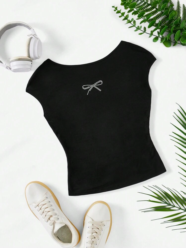Backless Butterfly Rhinestone Black Short Sleeve T-Shirt
