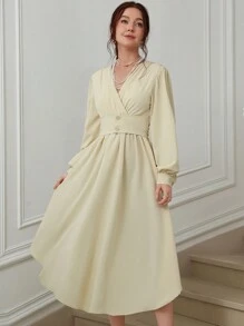 Aveloria Rosie Unique Design Ruffle Wrap V-Neck Lantern Sleeve Dress Fall Cloth For Women - Apricot - View 4