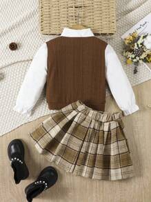SHEIN Conjunto de 2 piezas para niña joven, estilo universitario con parte superior de manga larga con cuello y falda plisada a-line a cuadros, ropa de otoño - Multicolor - Ver 2