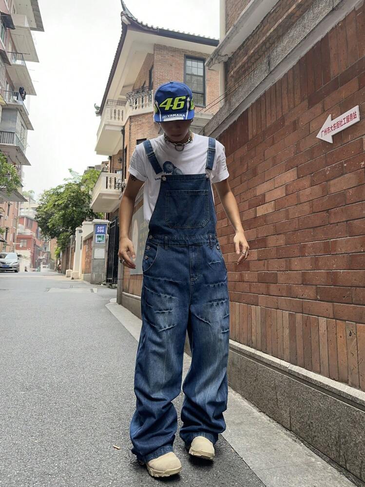 Manfinity EMRG Men's Casual Washed Relaxed Fit Denim Bib Overalls