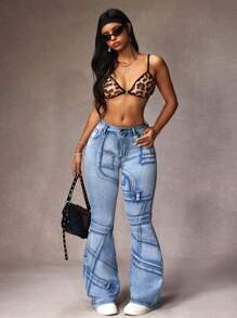 SHEIN ICON Calça Denim Feminina com Babado e Bolsos, Casual e Versátil - Azul - Visão 6