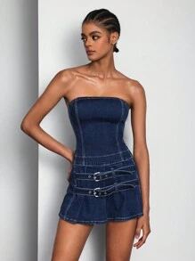 Váy denim thông thường có thắt lưng đơn giản - Màu xanh lam - Xem 8