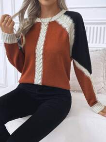 Women's Contrast Color Round Neck Raglan Sleeve Loose Casual Sweater, Autumn/Winter - Multicolor - View 4