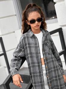 Tween Girl 复古学院风编织休闲格子字母图案落肩拼色高低下摆外套，长款衬衫外套 - 深灰色 - 查看 7