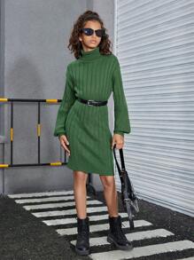 SHEIN Girls' Turtleneck Knit Midi Dress, Oversized And Relaxed Fit - Army Green - View 6
