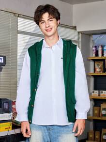 Manfinity Sporsity Men's Solid Color Patchwork Button-Up Long Sleeve Sweater With Pocket, Casual Wear