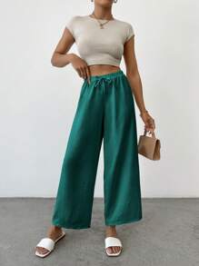 SHEIN PETITE Quần nữ thường ngày màu trơn Petite Cottnline Knot - Màu xanh lá cây đậm - Xem 4