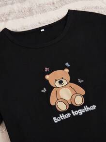 SHEIN 3 件套蝴蝶和泰迪熊印花短袖衬衫、裤子和短裤睡衣套装 - 彩色 - 查看 5