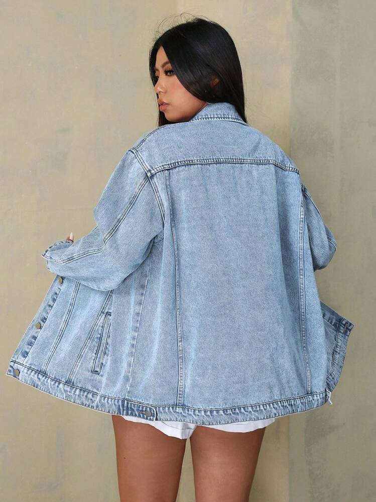 SHEIN EZwear 大码女式休闲宽松落肩长袖牛仔夹克，春秋季 - 淺色水洗藍 - 查看 2