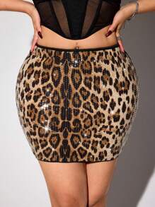 SHEIN ICON Cheetah Print Fall Winter Women Clothes Plus Size Women Leopard Print Sequin Bodycon Mini Skirt - Khaki - View 1