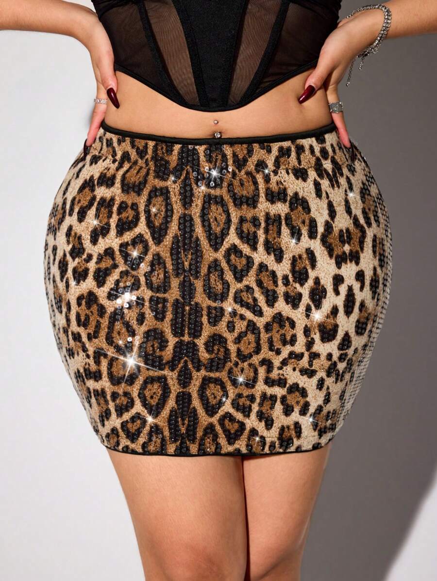 SHEIN ICON Cheetah Print Fall Winter Women Clothes Plus Size Women Leopard Print Sequin Bodycon Mini Skirt - Khaki - View 1