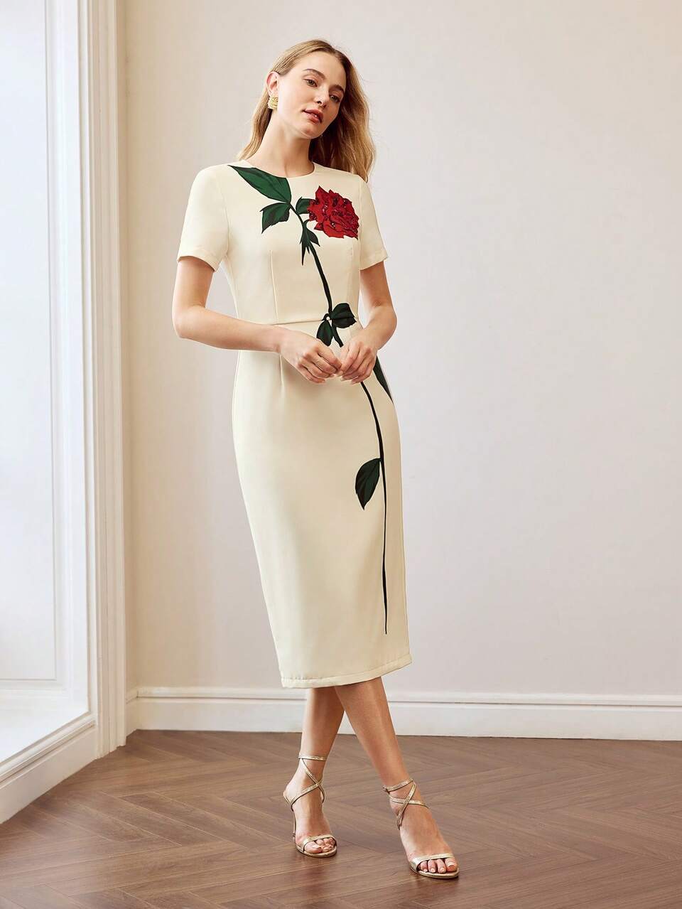 FLORAL PRINT CONTRAST SEQUIN SLIM FIT DRESS