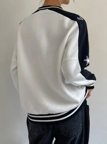 DAZY 女式休闲字母印花拼色套头衫，秋季女装 - 白色 - 查看 2