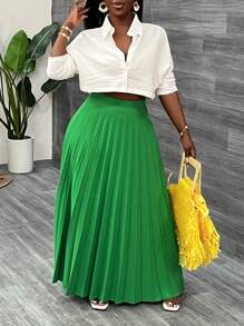 Slaydiva 优雅百褶绿色半身裙，休闲百搭，高腰宽松版型，适合通勤和约会穿着 - A - 綠色 - 查看 4