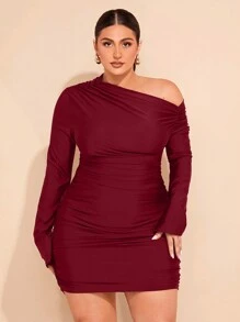 SHEIN BAE Plus Size Women's Off Shoulder Long Sleeve Ruched Bodycon Mini Dress - Burgundy - View 1