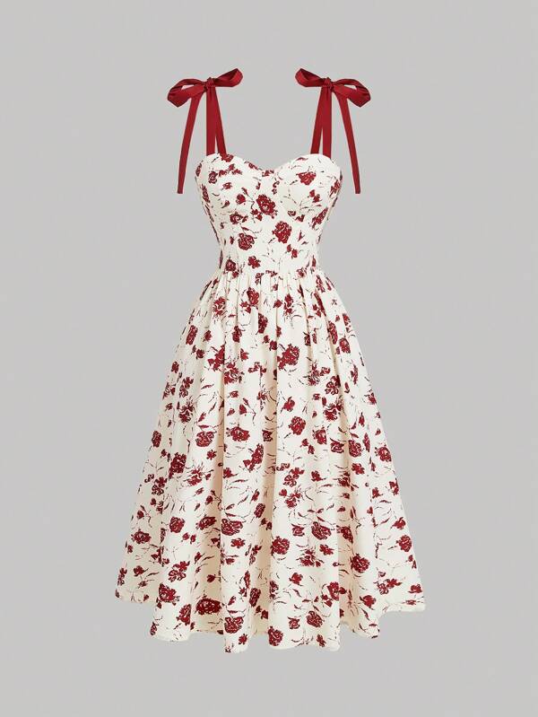 SHEIN MOD Bow Summer Long Summer Floral Print Tie Shoulder Cami Dress