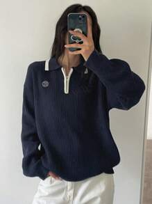 DAZY Color Block Letter Embroidery Loose Long Sleeve Zip-Up Sweater For Women