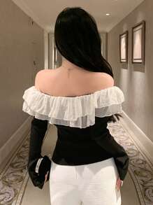DAZY Color Block Fitted Long Sleeve Ruffle Trim Off-Shoulder Flare Sleeve Sweater For Women,Fall Clothes