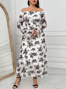 SHEIN Privé 大码优雅花卉印花露肩修腰 A 字长款绿色连衣裙 Abaya - 彩色 - 查看 6