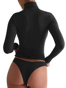 INAWLY Camiseta casual de unicolor de manga larga y cuello alto para mujeres, primavera otoño - Negro - Ver 2
