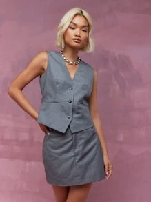 MISSGUIDED Tailored Long Blazer Vest And Mini Skirt Three Piece Set Office Wear - Grey - View 3