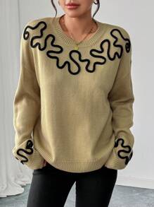 SHEIN LUNE Women's Crew Neck Long Sleeve Loose Fit Embroidered Striped Sweater, Casual Daily Knit Pullover Fall Winter Outfit