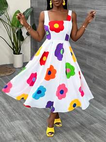 SHEIN Slayr Vestido elegante de mujer con cintura suelta, sin mangas, con tirantes anchos y estampado floral blanco - A - Multicolor - Ver 6