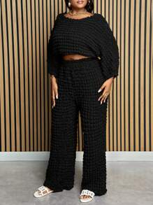 Slaydiva Women Plus Size Casual Fall Black Textured Fabric Dolman Sleeve Top & Pants, Fall Two Pieces Outfit