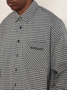 SUMWON Camisa de manga larga ajustada a la cintura con diseño a cuadros y bordado - Negro - Ver 3