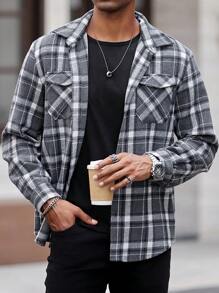 Manfinity Homme Men's Button-Front Long Sleeve Pocket Plaid Casual Jacket - Multicolor - View 4